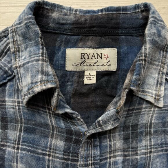 Ryan Michael Men's Large Western Shirt Button Up Blue Woven Plaid Long Sleeve - Picture 5 of 15